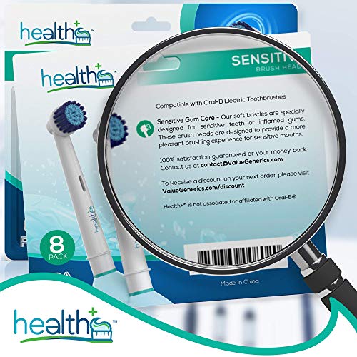 Compatible with Oral-B Electric Toothbrush Sensitive Replacement Head Generic - 8-Pack | Gentle-Action Tooth Brush Heads with Dupont Bristles | Sensitive Gums & Teeth & Gentle Whitening Action | Braun health+