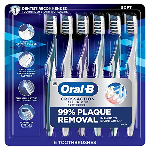 Oral-B CrossAction All in One Soft Toothbrushes, Deep Plaque Removal, Rounded Bristles Gentle on Teeth, Tongue and Cheek Cleaner, Gum Stimulators, 6 Count Oral-B