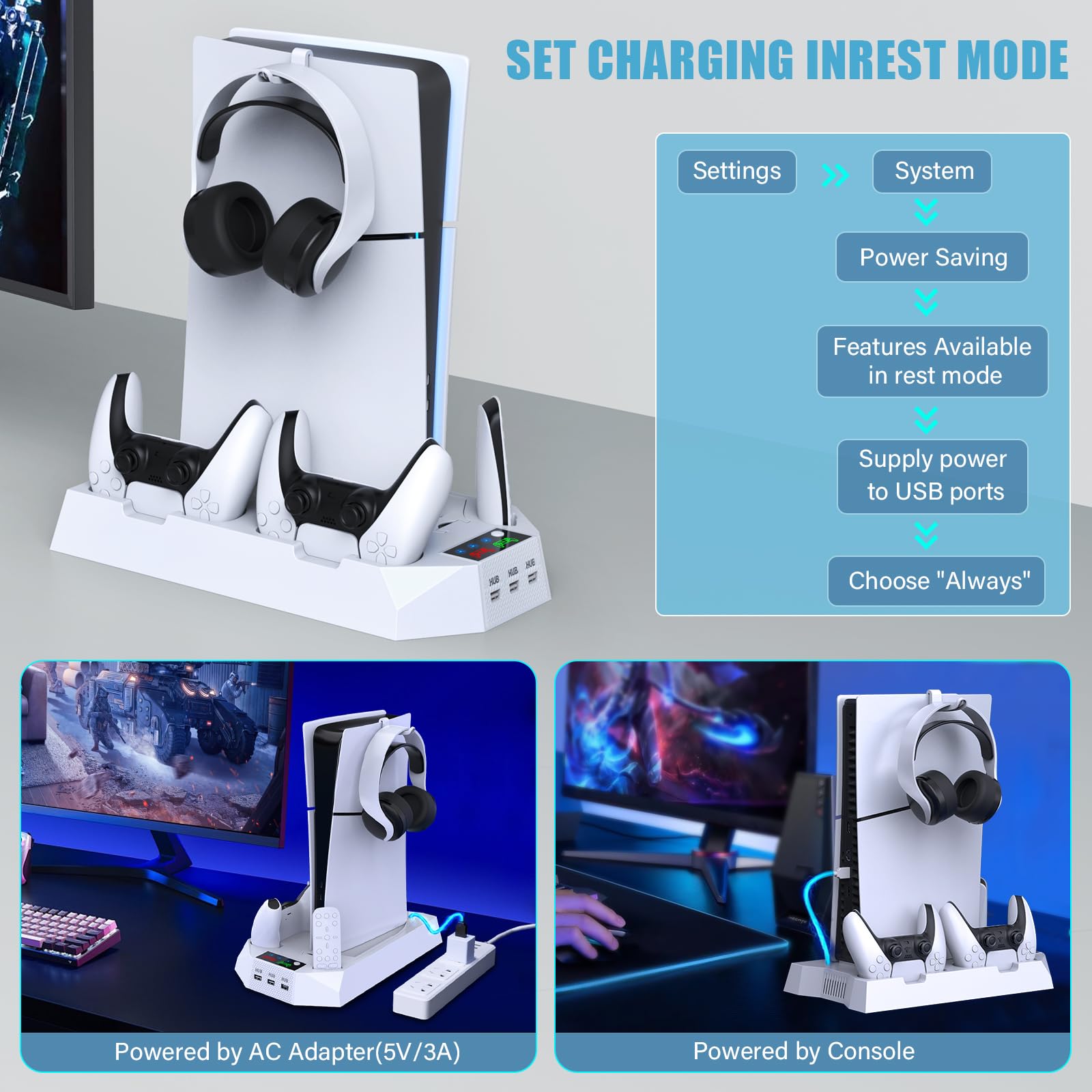 PS5 / PS5 Slim Stand and Cooling Station with Dual Controller Charging Station for PlayStation 5 Console, PS5 Accessories Incl. Controller Charger, Cooling Fan, Headset Holder, 3 USB Hub, Screw-White CYKOARMOR