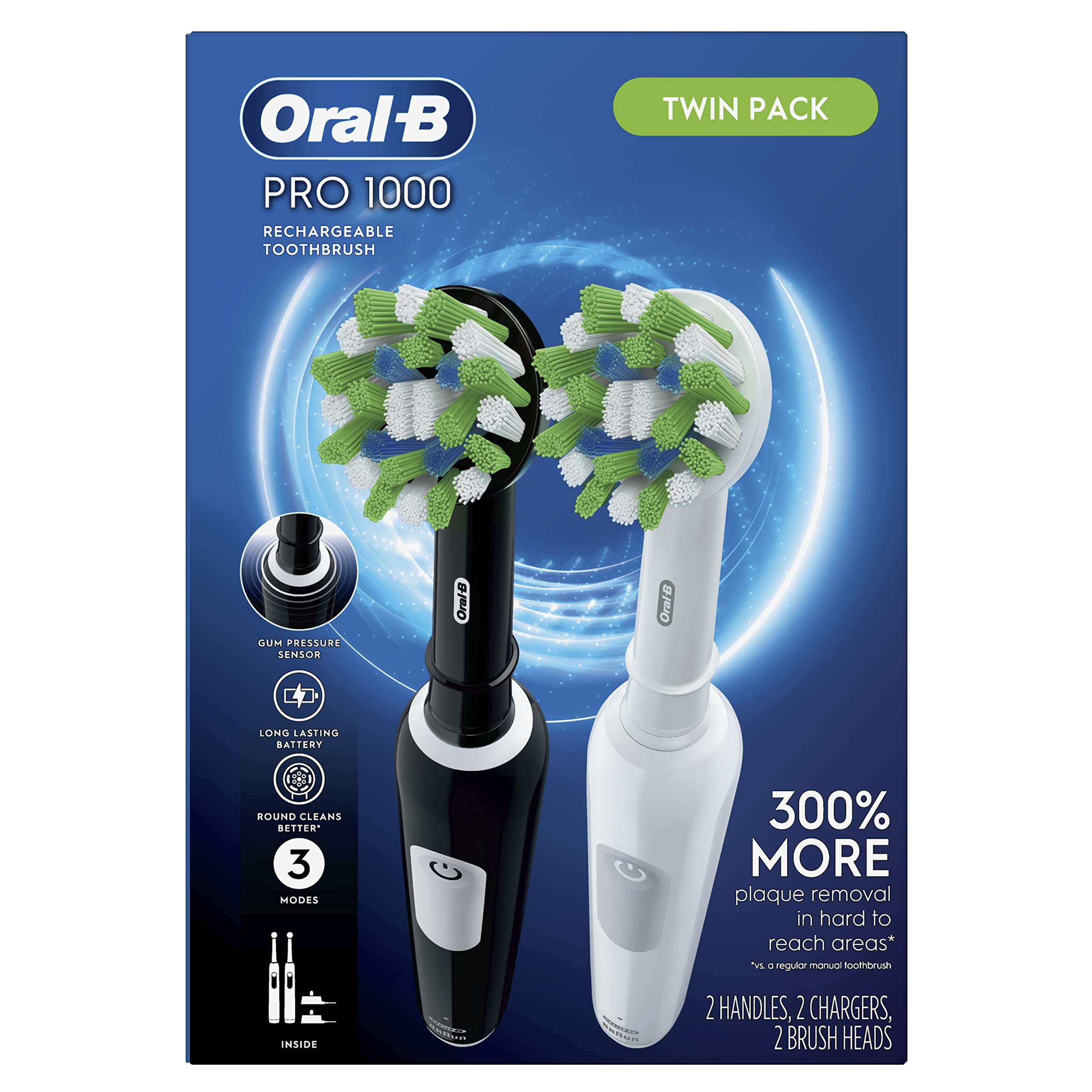 Oral-B Pro 1000 CrossAction Electric Toothbrush, Black and White, 2 Count Oral-B